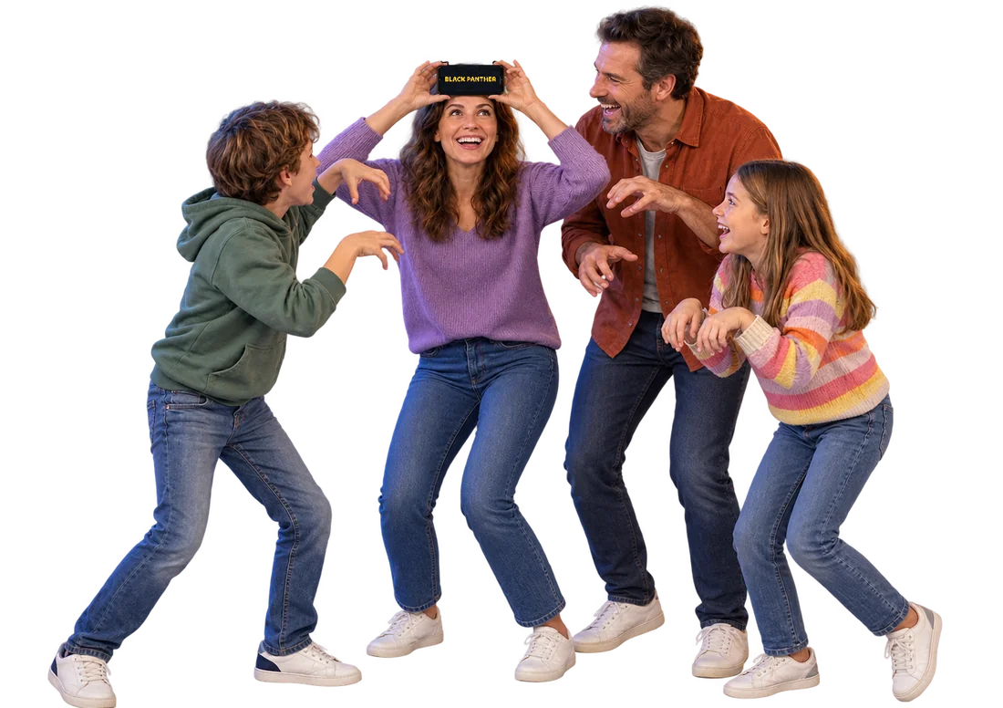 A family playing Neon Charades: mum holds the phone to her forehead showing Black Panther while dad and the kids act it out
