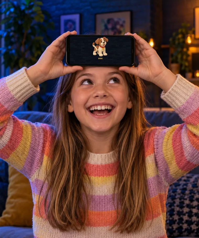 A girl laughing with a phone on her forehead showing a picture of a dog