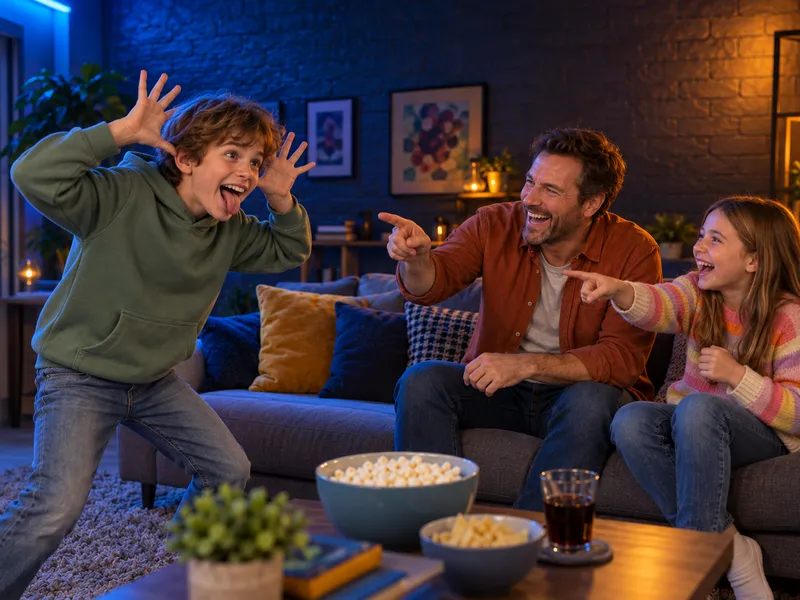 Her son acts it out while dad and his sister point and laugh on the sofa