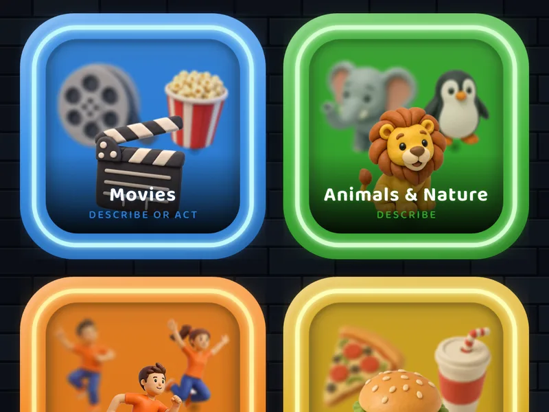 The Neon Charades deck screen with glowing Movies, Animals & Nature, Everyday Actions and Food & Drink tiles