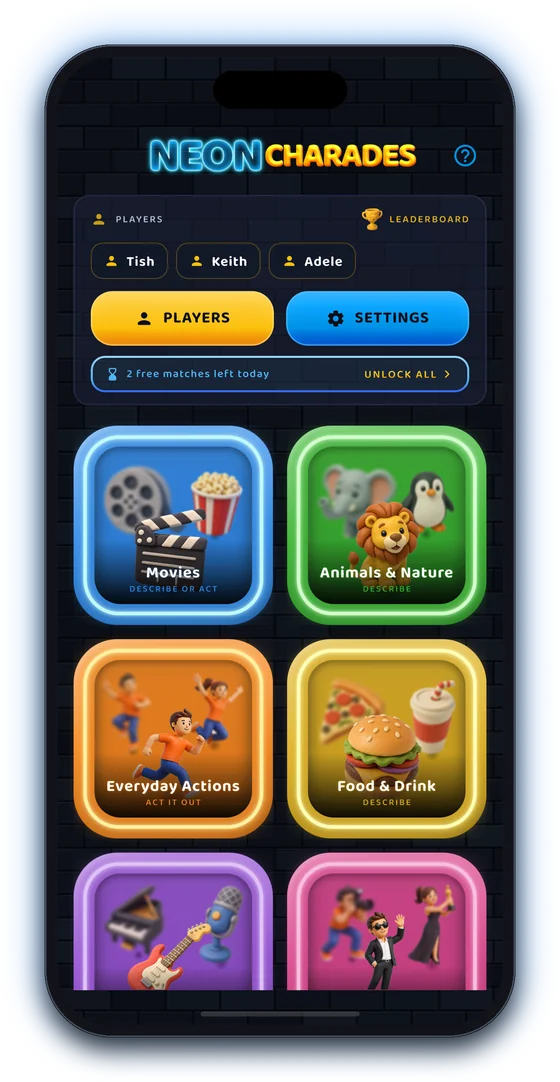 The game’s home screen with category tiles